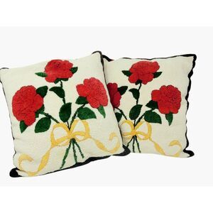 2 Vintage Red Rose Decorative Plush Pillows 1960s
